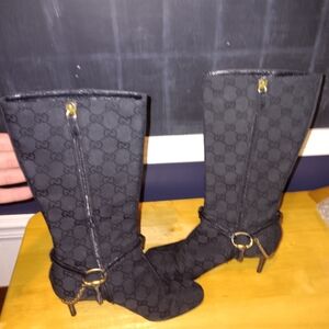 Gucci GG Rare Vintage Black Canvas Chain Heeled Boots Size 35